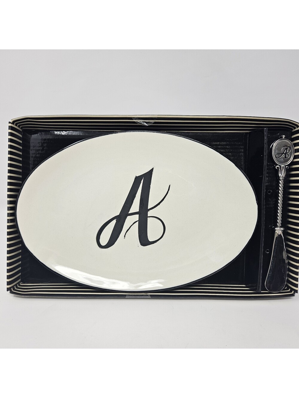 Mud Pie Initial "A"  Porcelain Cheese Tray and Spreader In Box Great Gift Idea